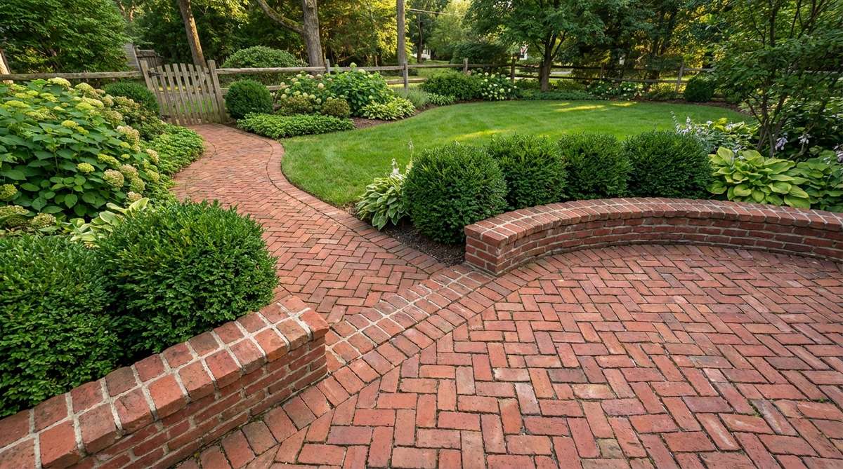 A classic woven pattern created by alternating brick angles at 45 degrees, drawing the eye along pathways and adding movement to garden borders. This design complements European garden styles and provides structural stability with interlocking bricks to prevent movement in high-traffic areas.