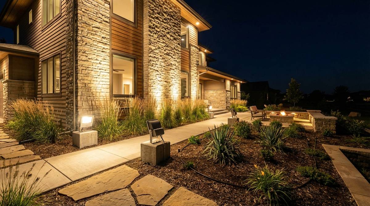 A modern garden at night featuring high-power architectural flood lights illuminating a large multi-story wall. The robust die-cast aluminum fixtures mounted on concrete pads cast 3000+ lumens of light, creating a commanding presence for the property's architectural features while withstanding harsh weather conditions.
