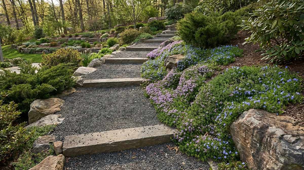 A gravel garden path featuring a hillside switchback trail designed with crushed stone for stability on steep slopes. The image shows horizontal stone bands inserted as check bars to prevent gravel migration, with compacted lifts and groundcovers like creeping thyme or blue star creeper planted along the uphill side to stabilize soil and soften the hardscape.