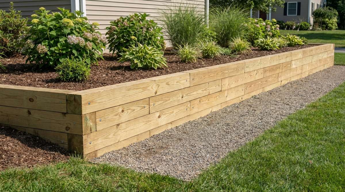 A small garden retaining wall constructed using horizontal timber sleepers stacked in a traditional bricklaying pattern. Treated pine or hardwood sleepers are laid flat to create a sturdy terrace that resists lateral soil pressure through gravity and interlocking weight. The wall features staggered joints and is secured with timber screws or rebar, suitable for straight-run designs in small garden applications.