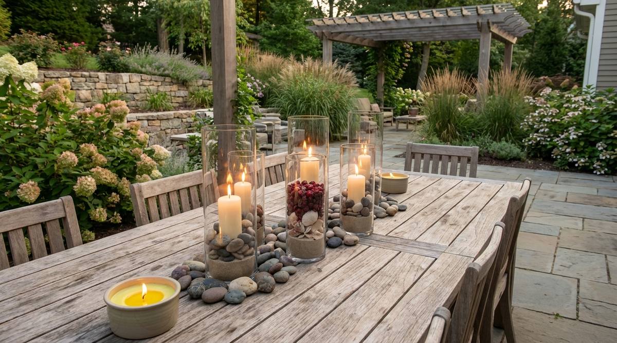Tall transparent glass cylinders protecting flame candles from wind, magnifying their glow for elegant outdoor table centerpieces. Decorative stones or sand in the base add stability, while citronella candles provide ambient lighting and insect deterrence. Versatile for seasonal transitions with elements like cranberries or shells.