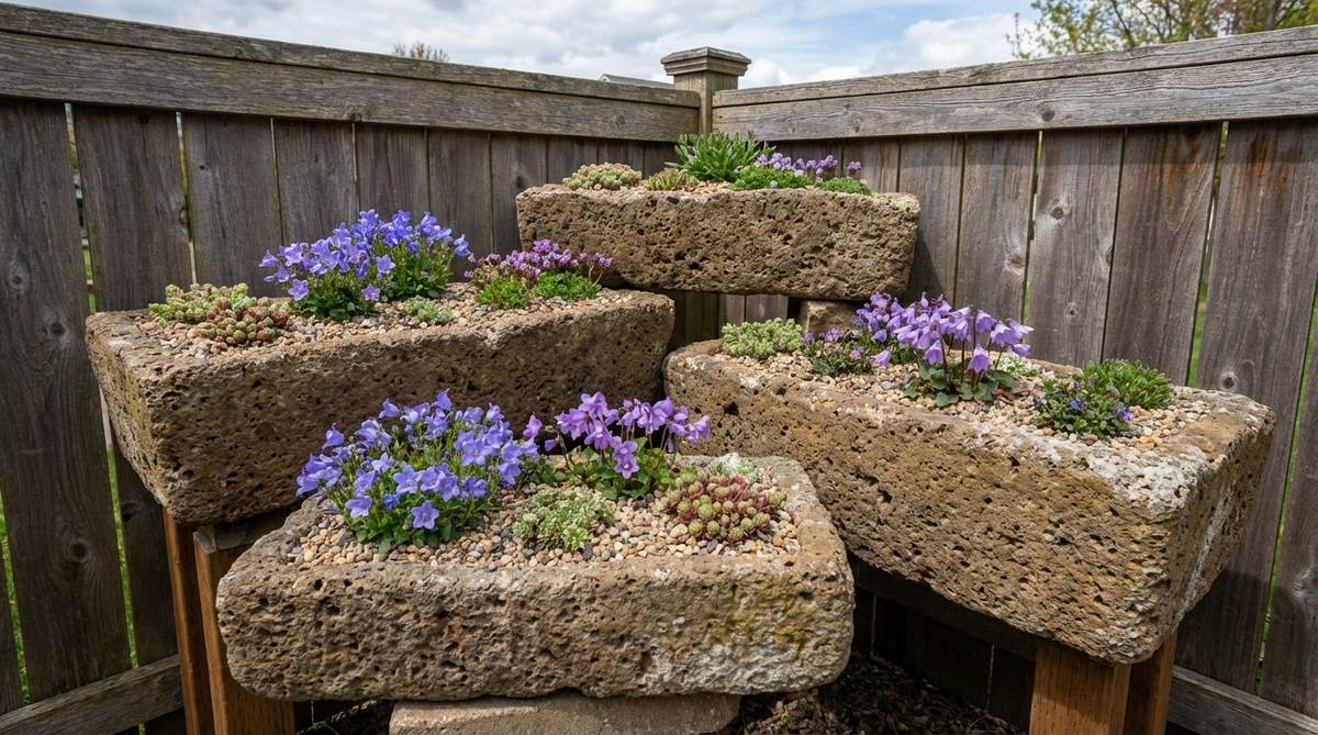 A tiered display of two or three hypertufa troughs stacked at different heights against a fence or wall, each planted with miniature alpine plants like campanula and soldanella, featuring gravel mulch and porous hypertufa material that mimics natural stone.