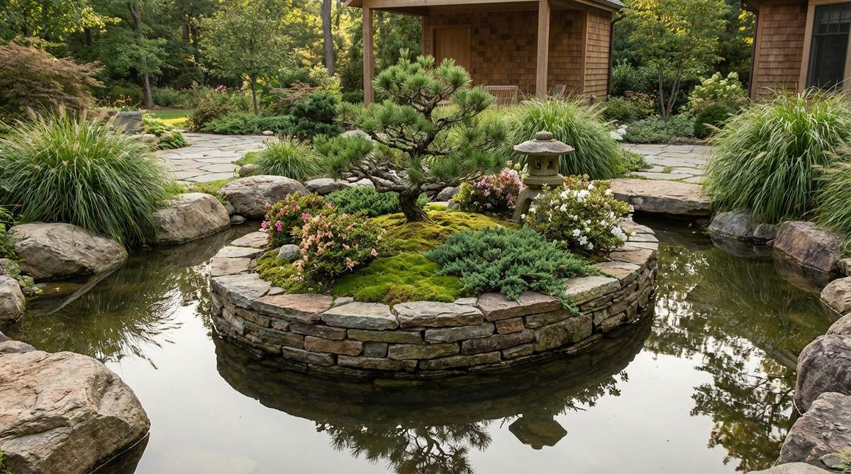 A small island in a garden pond, built with stacked stones as a foundation, featuring a dwarf pine tree, moss, and small shrubs to create a miniature landscape. This traditional Japanese design represents mythical islands and adds compositional depth, serving as a visual focal point that extends sight lines across the water surface.