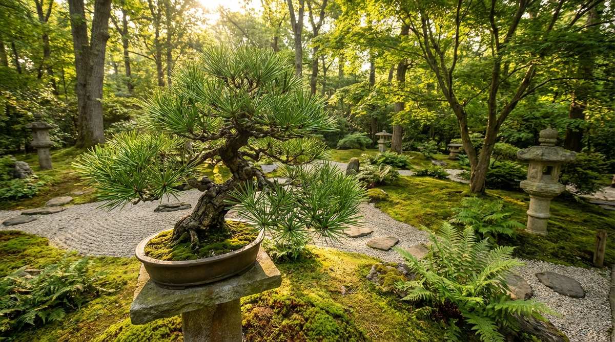 A bonsai specimen of Sciadopitys verticillata, showcasing its glossy whorled needles and refined character, positioned to receive morning sun for optimal growth in a Japanese garden setting.