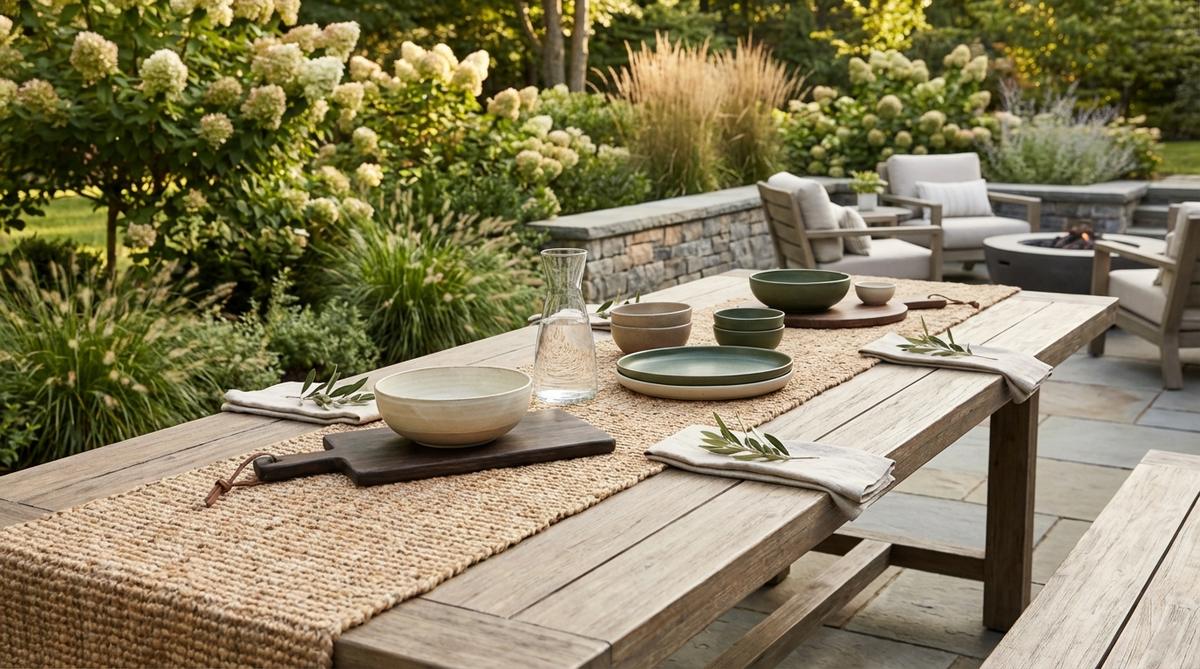 A rustic jute table runner adding natural texture and earth-tone color to a modern garden table setting, complementing ceramic and wooden serving pieces.