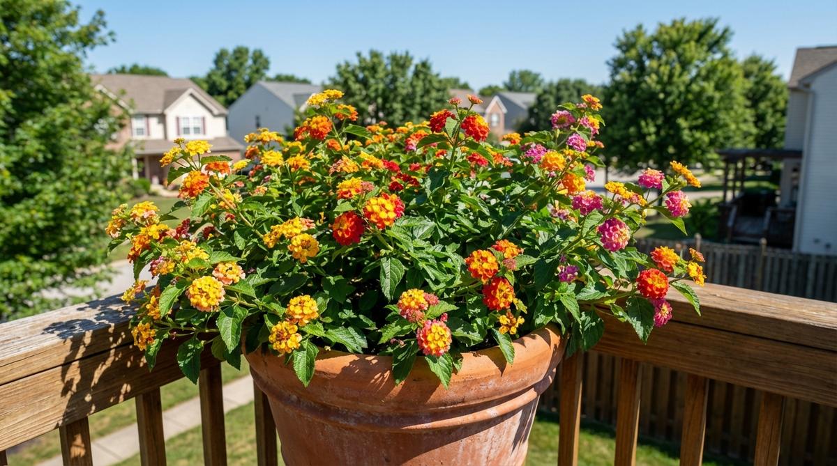 A close-up image of a lantana plant in a small garden, showcasing its compact growth of 12-18 inches with clusters of tiny, multi-colored flowers that change hue as they age. The plant is thriving in full sun with excellent drainage, demonstrating its drought tolerance and heat-loving nature. Butterflies and hummingbirds are attracted to the vibrant blooms, while the aromatic foliage deters deer, making it an ideal choice for wildlife-friendly gardens.