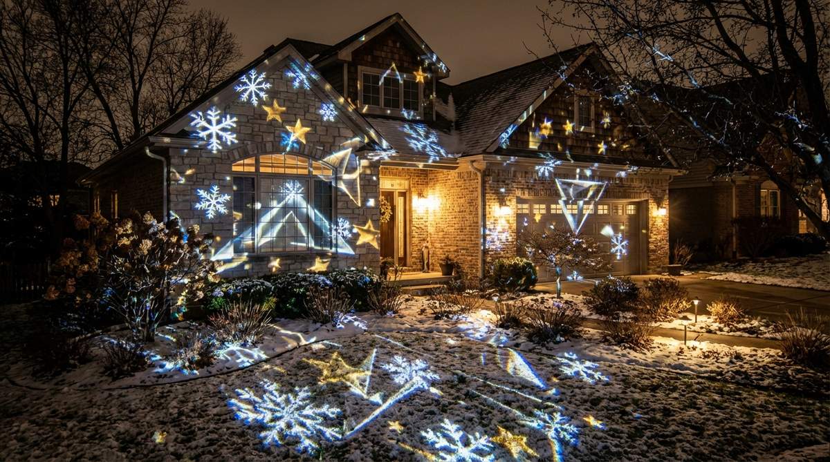 A dynamic laser projection light show displaying moving patterns like snowflakes, stars, and geometric shapes on a house facade and garden landscape, illustrating kinetic energy in contemporary garden designs with minimal installation effort.