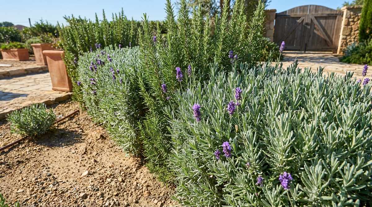 A close-up image of alternating lavender and rosemary plants forming a fragrant evergreen hedge in a Mediterranean-style garden. The silvery foliage and aromatic oils of both plants are visible, with well-drained sandy soil and full sun conditions. The hedge is neatly trimmed to maintain a compact form, showcasing its use as a low-water, pest-repelling border that provides cut flowers, culinary herbs, and pollinator habitat.