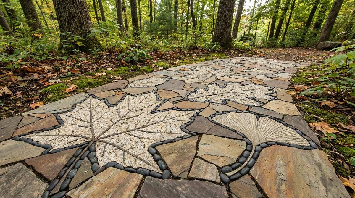 A close-up view of a stone garden mosaic featuring realistic leaf imprints, such as maple, oak, or ginkgo shapes, outlined with contrasting pebbles and filled with small stones to create veining patterns. This botanical detail enhances ground-level designs, ideal for woodland paths or beneath trees, blending hardscape with natural elements.