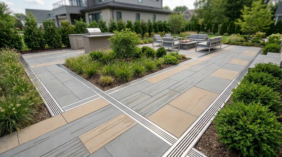 A modern garden with sleek linear drainage channels integrated into geometric paving, featuring stainless steel grates that efficiently manage water runoff while enhancing the contemporary aesthetic.