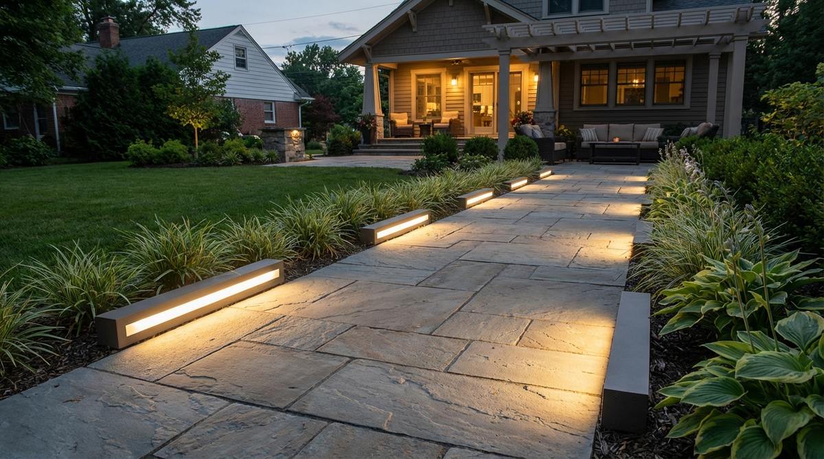 Sleek rectangular ground-level LED fixtures providing soft downward illumination along walkways, with a low-profile design for integrated appearance and energy-efficient operation.