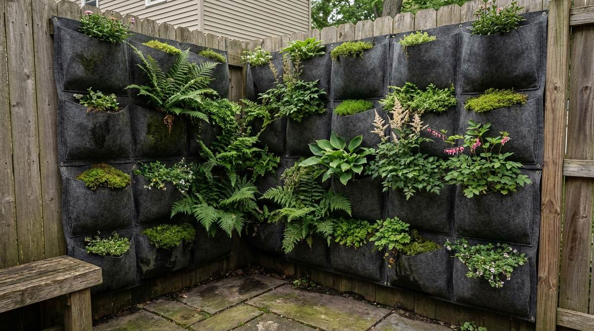 Industrial felt pockets sewn to backing panels create an instant vertical garden, perfect for small garden spaces. The material wicks moisture evenly, reducing irrigation frequency, and works well in shaded corners with moss, ferns, and shade perennials. The organic texture complements rustic or cottage garden styles.