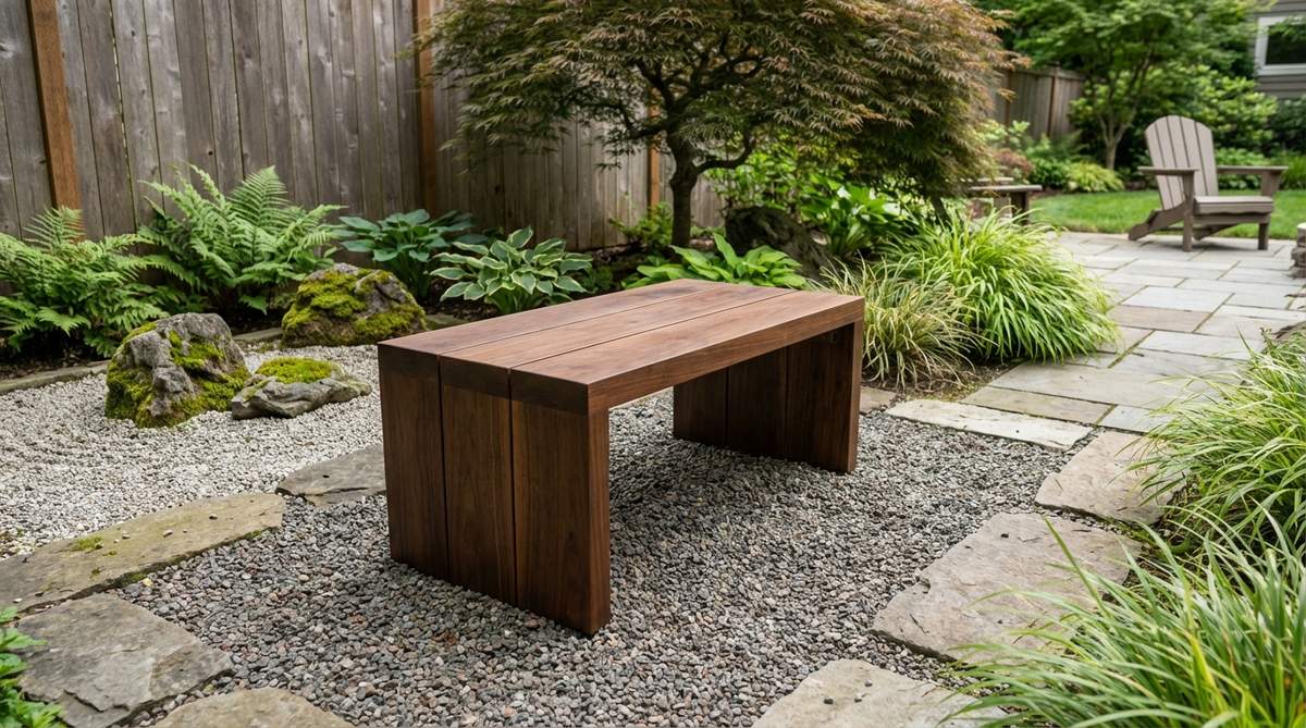 A low platform meditation bench designed for Japanese gardens, featuring an 18-inch height ideal for traditional seiza kneeling or cross-legged meditation positions. Constructed from wide single boards without seams to prevent moisture trapping, finished with hand-rubbed tung oil for durability. The 24-inch deep platform provides comfortable support for various meditation postures.