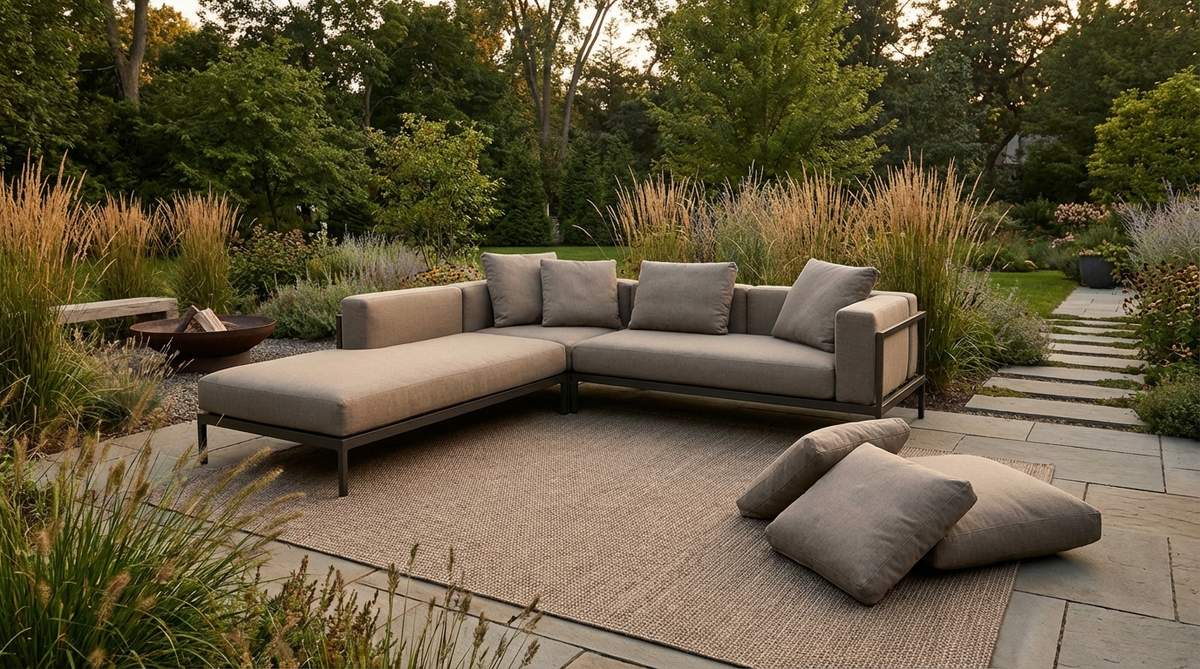 Modern low-profile ground sectional furniture sitting just 12 inches above ground level with wide cushions for cross-legged or traditional seating. Features detachable back cushions that create floor-level lounging areas, minimalist frame hidden beneath generous cushioning, and raised base for garden use. Ideal for modern or Japanese-inspired outdoor spaces.