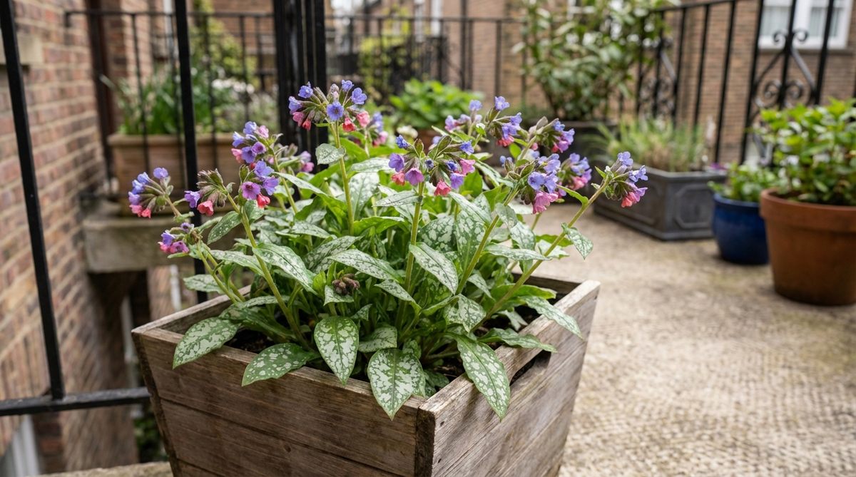Lungwort plant with silver-spotted leaves and pink-to-blue spring flowers growing in a balcony container. This shade-tolerant ground cover suppresses weeds and resists wind in urban gardening settings.