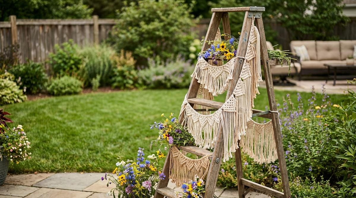 A vintage wooden ladder in an A-frame configuration with macrame garlands draped diagonally across the rungs. Wildflowers are woven through the ladder rungs, creating a cohesive boho wedding decoration with freely hanging fringe.