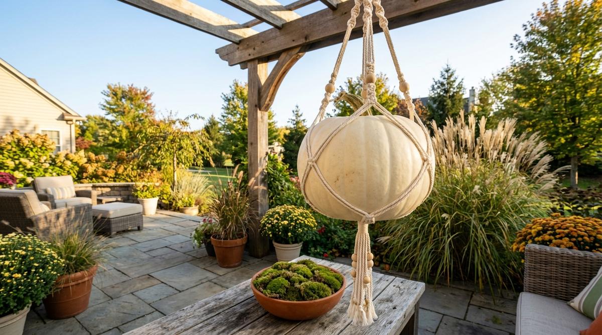 A white or natural pumpkin wrapped in a custom macramé holder made from natural cotton rope in cream or tan color. The macramé features square knots and half-hitch patterns, with wooden bead accents or tassel details at connection points. The pumpkin is suspended from a plant hanger or displayed in a low bowl filled with moss, creating a boho Halloween decoration.