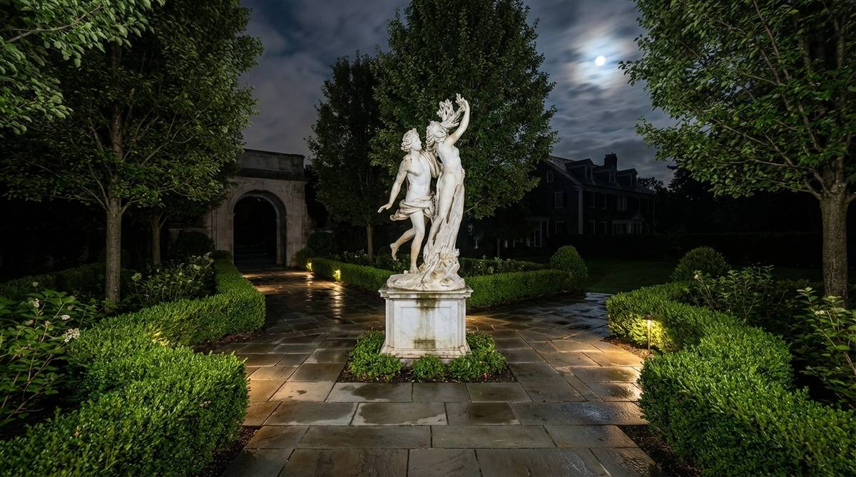 A classical marble statue depicting mythological figures, carved from Carrara marble, serving as a focal point in an axial garden design. The pure white surface reflects moonlight for nighttime drama, ideal for protected locations in humid climates with breathable sealers applied every 3-5 years to prevent erosion and staining.