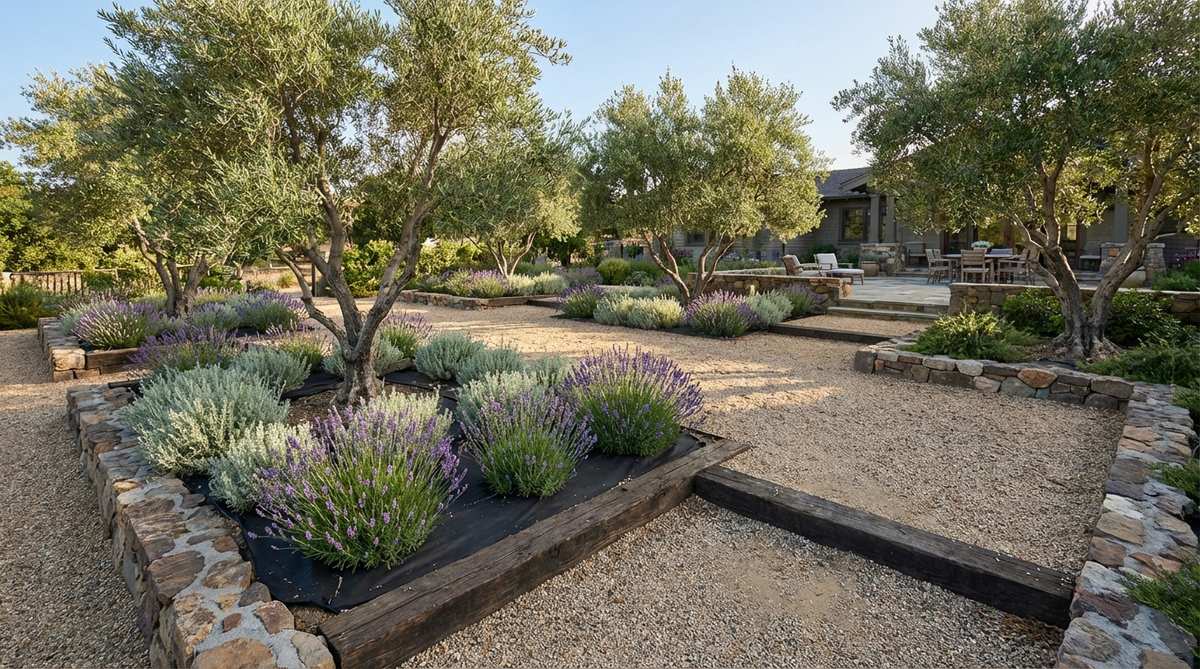 A garden design featuring a Mediterranean olive grove style with a gravel base, showing decomposed granite or crushed limestone foundation, drought-resistant plants like lavender and santolina growing through landscape fabric, and edged with weathered timbers or fieldstone to contain the gravel material.