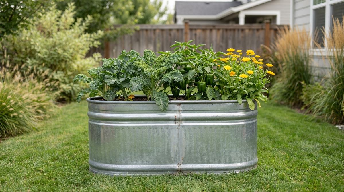 A galvanized metal stock tank used as a raised bed, filled with kale, peppers, and calendula, set on a lawn with clean metal sides contrasting against soft foliage, suitable for farmhouse or urban gardens.