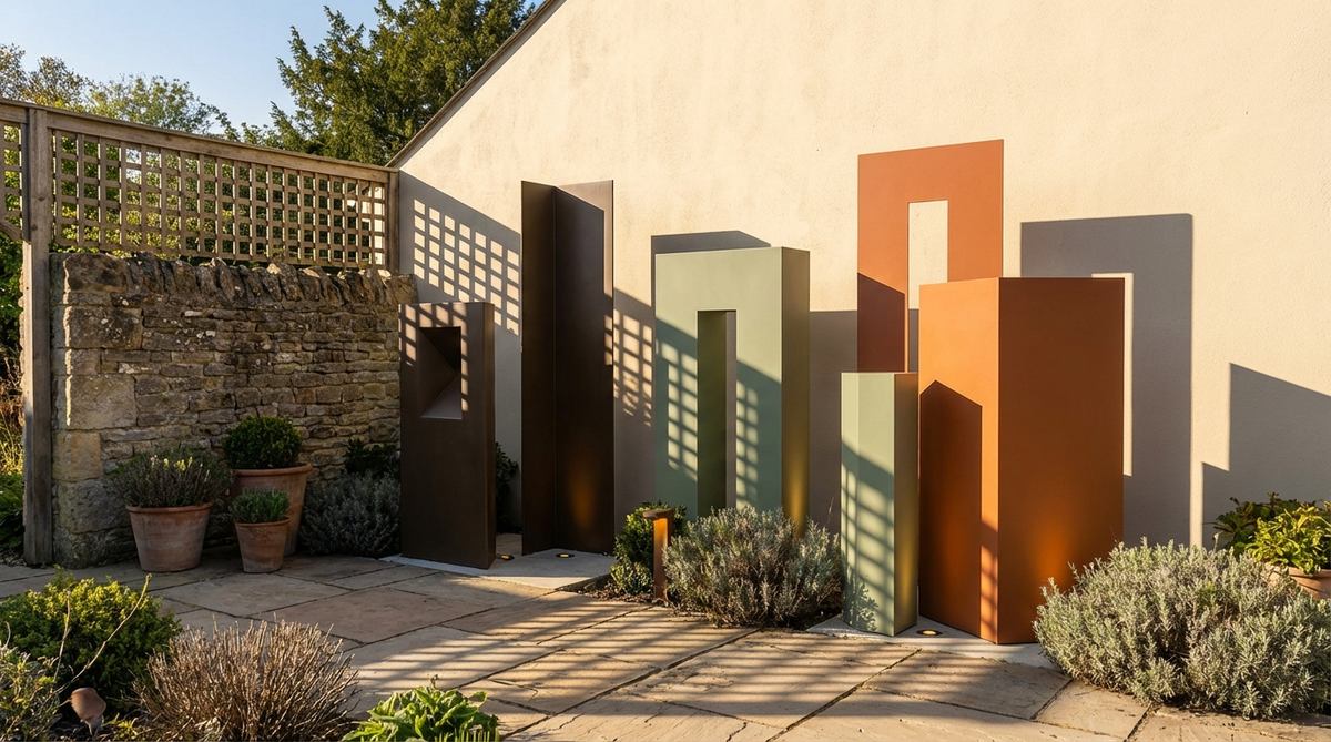 Powder-coated steel and aluminum sculptures with geometric patterns and abstract forms that create shifting shadows throughout the day. Rust-resistant finishes in colors that complement or contrast with balcony planting. Can be used as large focal pieces or grouped in gallery-style arrangements against solid walls, with optional evening lighting for dramatic effect.