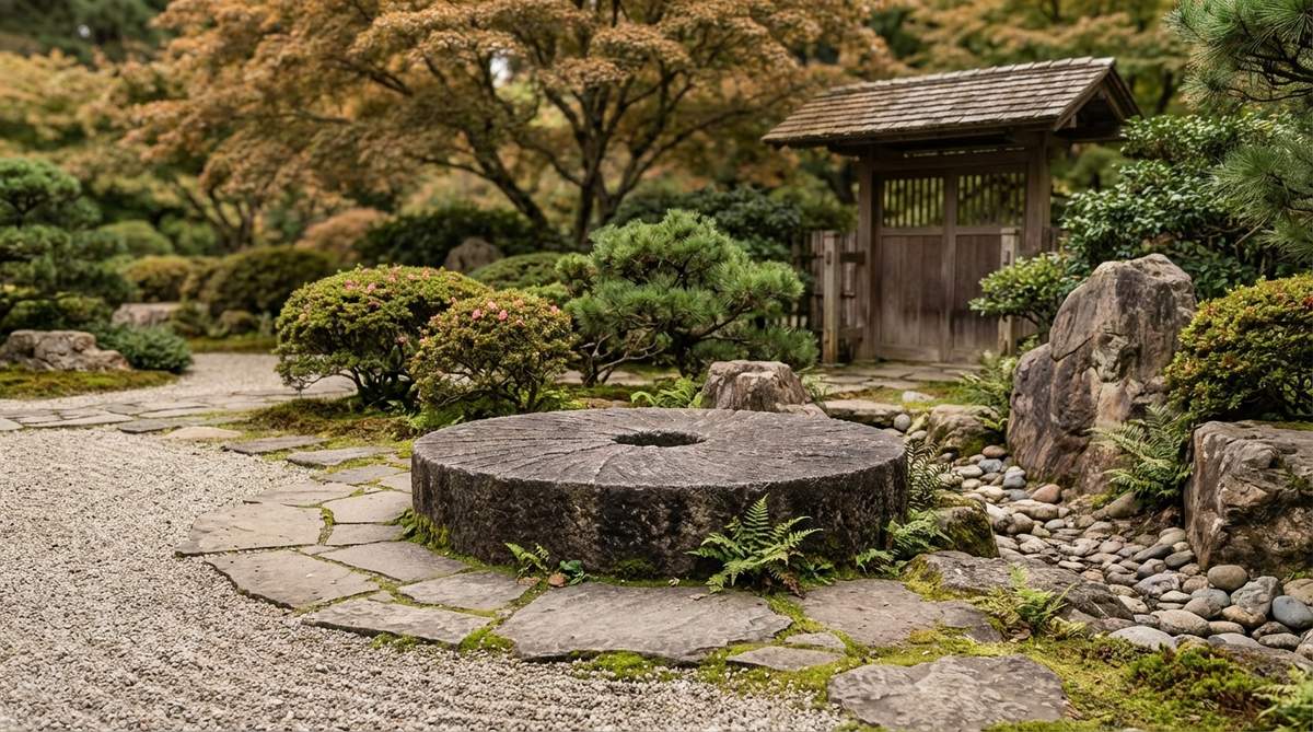 A circular millstone positioned at a pathway intersection in a Japanese garden, highlighting its round shape and central hole to create visual interest and mark a transition between gravel and stepping stones.