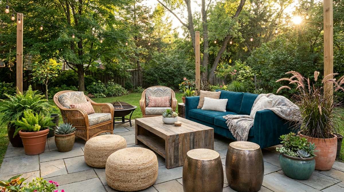 A bohemian-style living room featuring a mixed material furniture arrangement, including rattan chairs, a reclaimed wood table, metal stools, woven seating, and a velvet sofa with varied fabric textures, grouped together in a cohesive conversation area to create visual interest and a collected-over-time aesthetic.