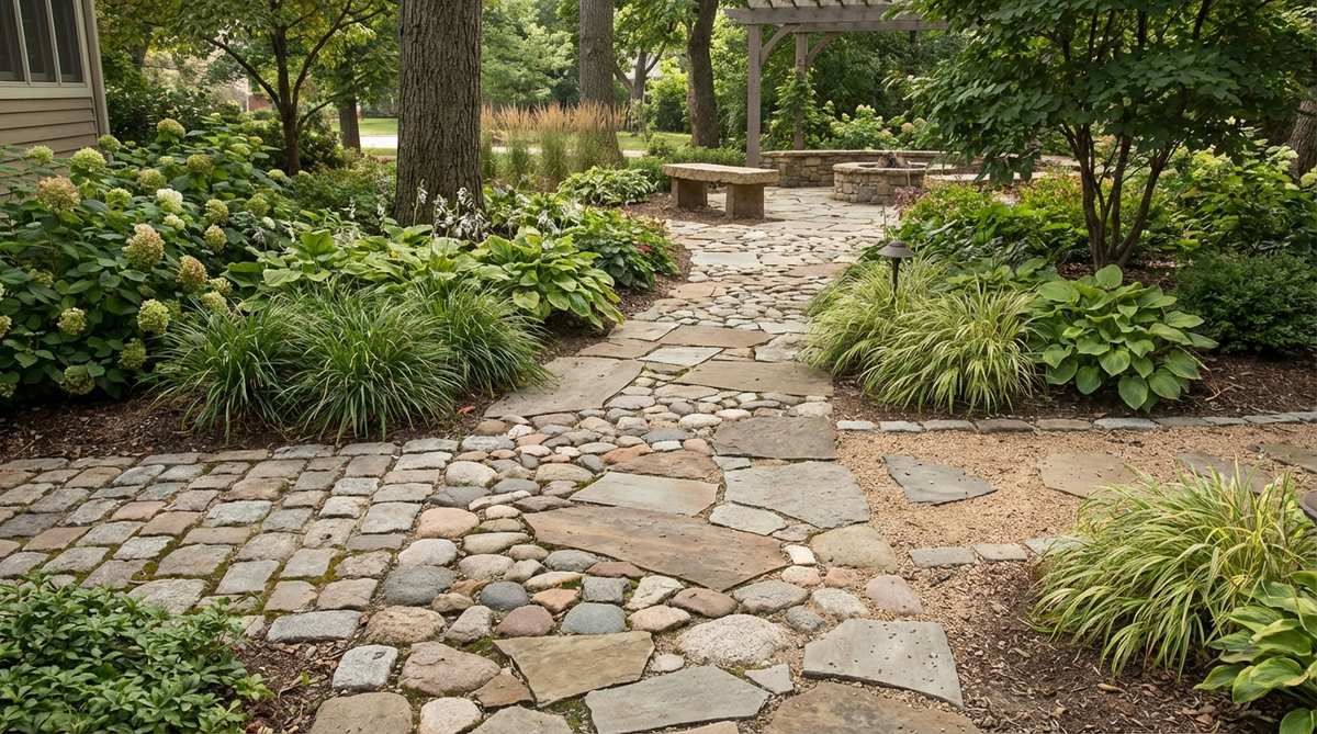 An artistic outdoor walkway combining flagstone, cobbles, and river rocks arranged in a mosaic pattern, creating a textured pathway that guides the eye toward landscape focal points. The stones are either mortared on a concrete base for permanence or set in sand for a natural, shifting effect, transforming a functional walkway into a decorative landscape feature.