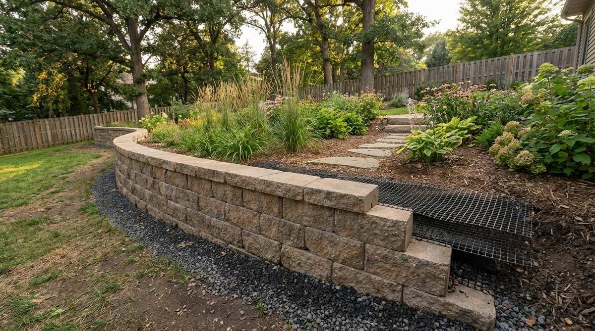 Interlocking concrete blocks stacked without mortar to create a stable retaining wall on a sloped garden. The blocks feature setback lips for mechanical connection and are installed on a compacted gravel base with geogrid reinforcement visible behind the wall. The textured split-stone finish blends naturally with the garden landscape.