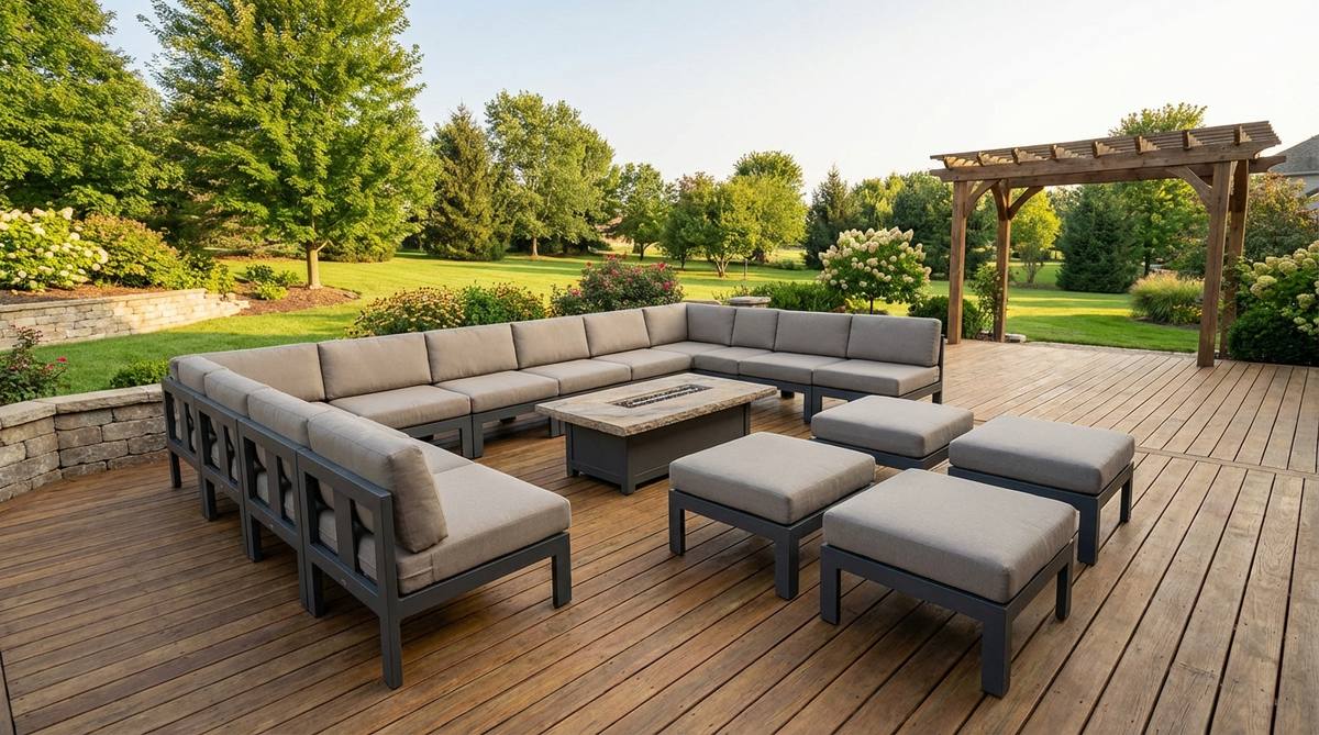 A flexible modular sectional seating arrangement on an outdoor deck, featuring aluminum or resin wicker frames with quick-dry foam cushions in neutral gray, taupe, or white solution-dyed acrylic fabrics. The low-profile design allows for easy reconfiguration from L-shapes for gatherings to separate clusters for intimate conversations, maintaining clear sightlines to the surrounding landscape and architectural features.