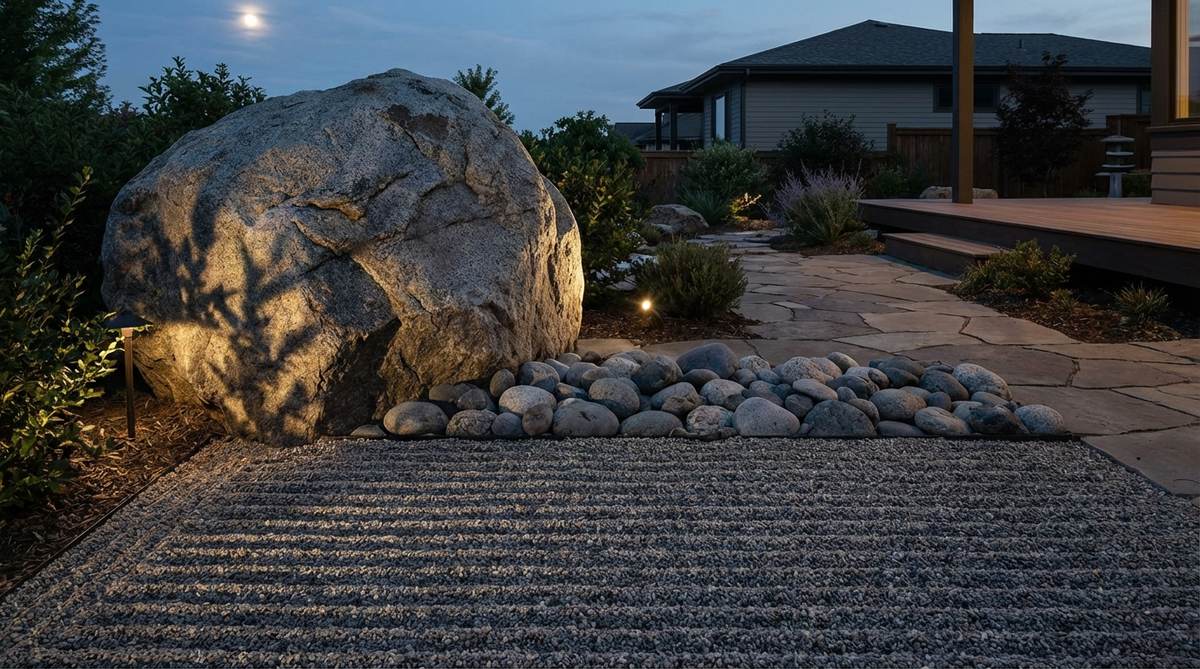 A dramatic Japanese stone garden scene featuring a large boulder representing a rising moon above a horizon line of smaller stones, with raked gravel in horizontal lines to enhance the horizon effect, ideal for nighttime viewing to highlight moon shadows and scale contrast.