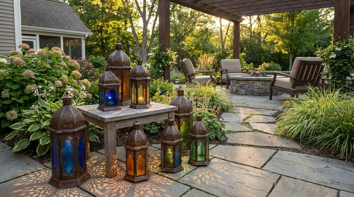 A collection of vintage Moroccan pierced metal lanterns with colorful glass panels, arranged in an artistic cluster to create intricate shadow patterns and jewel-toned lighting effects. Perfect for boho garden decor, pathway illumination, or tabletop ambiance with geometric Islamic art designs.