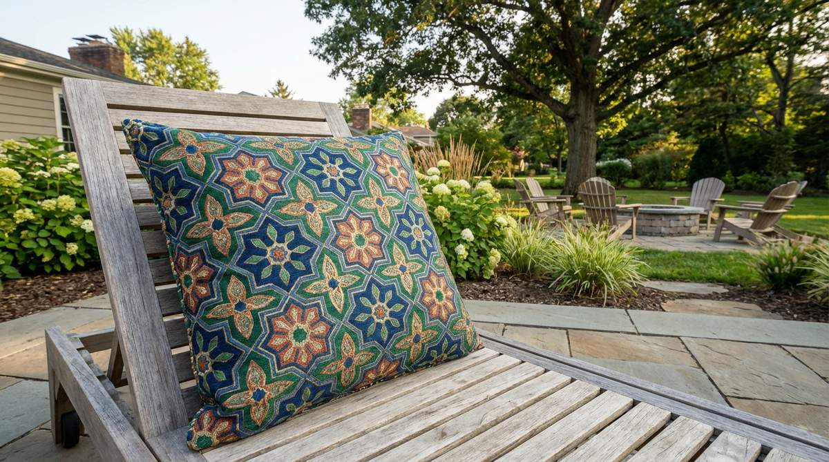A decorative pillow featuring intricate geometric patterns inspired by North African tilework, in jewel tones and metallic accents. This boho decor piece adds sophisticated visual interest with its repeating symmetrical design, perfect for anchoring outdoor seating arrangements or complementing neutral interiors.