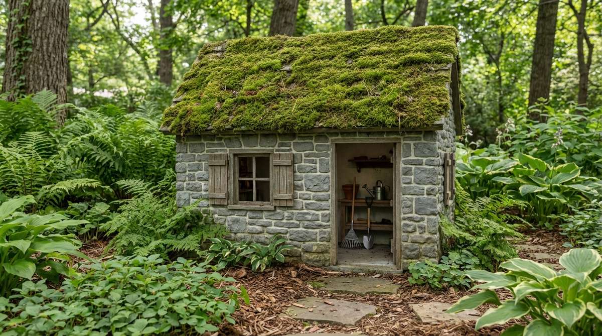 A detailed miniature garden shed designed as a moss-covered stone cottage, featuring gray stone walls with realistic mortar lines and a roof overtaken by green moss. Perfect for woodland settings, it includes tiny wooden shutters, interior miniature garden tools, and is made from cold-cast resin for weather resistance.
