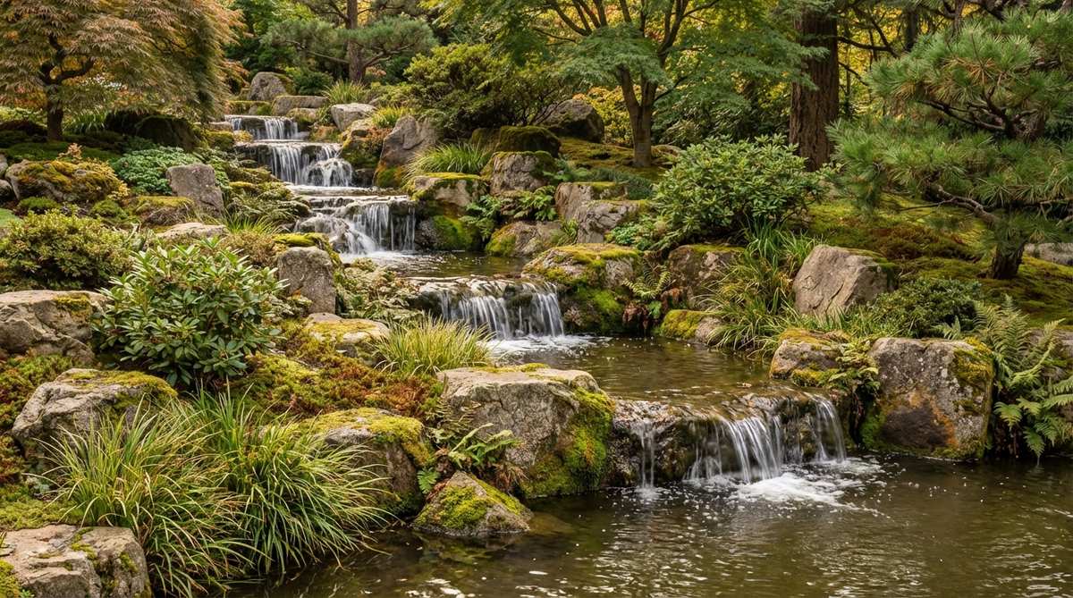 A detailed view of a multi-tier mountain stream in a Japanese garden pond, featuring four to six descending pools that cascade from high to low elevation, mimicking natural Japanese mountain watersheds. Each tier drops 8-12 inches with varied stone arrangements creating different water sounds and visual effects. Moisture-loving plants like Japanese sedge and mosses are planted between the tiers, providing authentic stream-side vegetation. The extended water path maximizes oxygenation before reaching the main koi pond, significantly improving dissolved oxygen levels.
