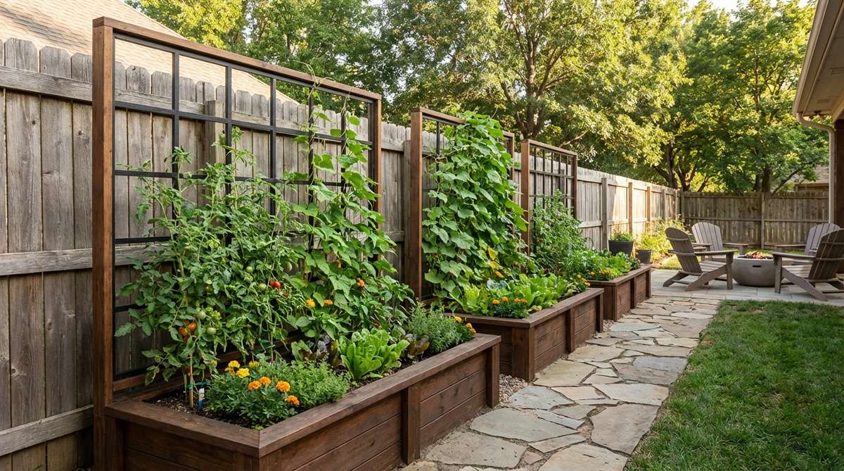 A modern garden bed design featuring narrow 2-foot-wide beds installed along a fence line, with climbing vegetables trained on vertical trellises to maximize growing space in constrained areas.