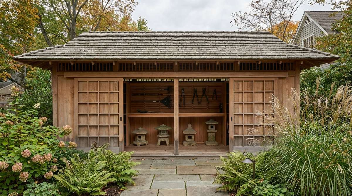 A dedicated garden storage building that adapts tea house architectural language with sliding doors, cedar construction, and shingled roofs. Features custom shelving systems for tools like rakes and pruners, floor-level storage for stone lanterns, and ventilation gaps beneath roof eaves to prevent moisture damage.
