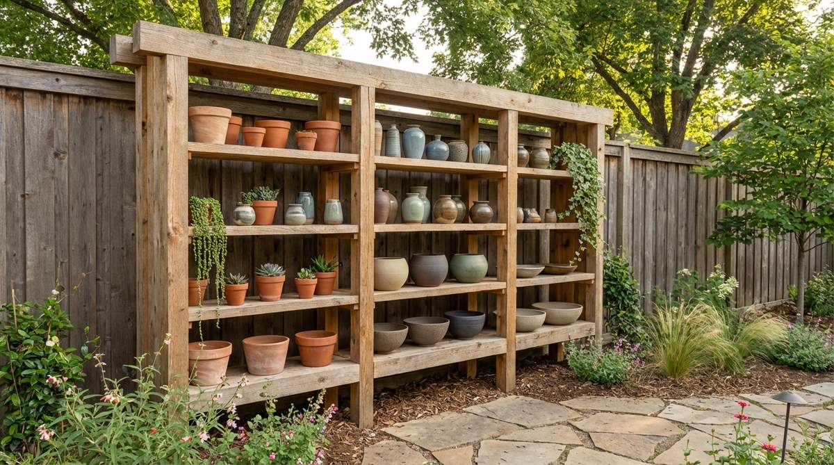 A rustic open shelving unit made of rough-sawn wood displays a curated collection of earthenware and stoneware pottery in a western boho decor style. The arrangement includes matte and glazed pieces for textural contrast, organized by color gradient and size for visual cohesion. Small succulents and trailing plants are interspersed between pottery groups, adding natural elements to the display.