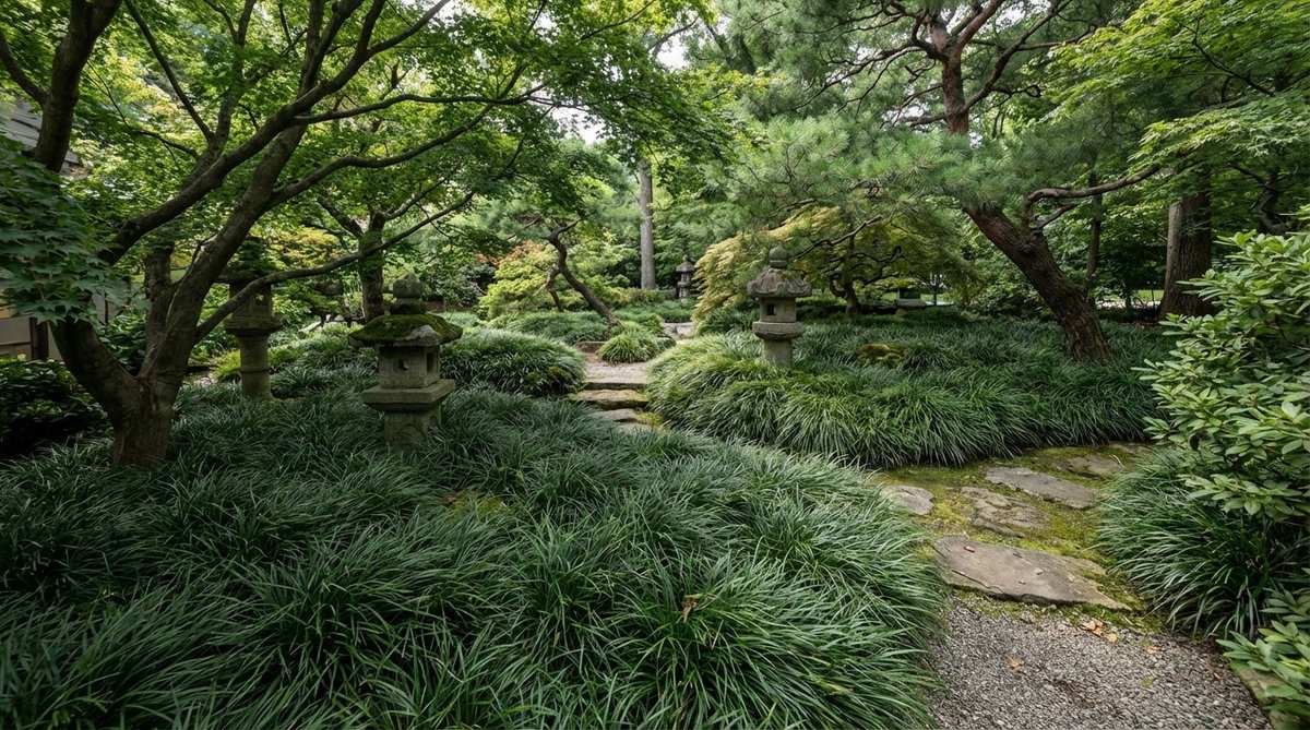 A dense carpet of Ophiopogon japonicus, commonly known as mondo grass, serving as a moss substitute in a traditional Japanese garden. The dark green, grass-like foliage forms lush ground cover in shaded areas, maintaining year-round color and tolerating foot traffic better than true moss.