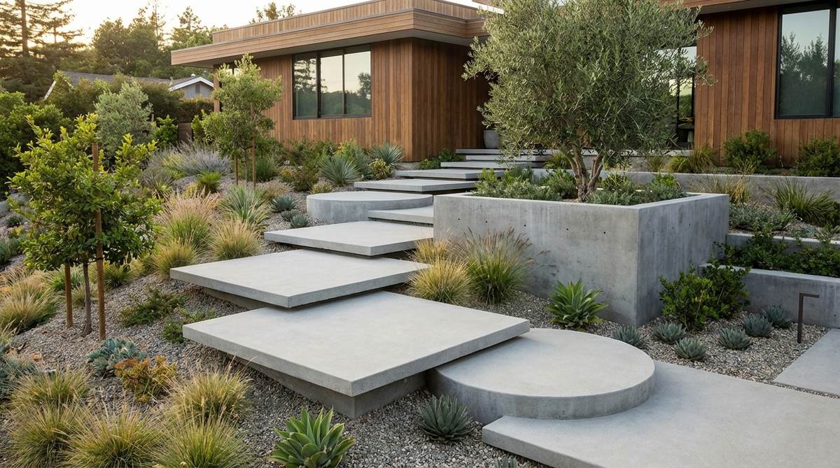 A modern garden design featuring overlapping geometric concrete steps in square and circular forms, creating terraced levels on a slope. The design showcases architectural flair with floating appearances while maintaining structural connections, ideal for addressing grade changes with comfortable 6-8 inch risers.