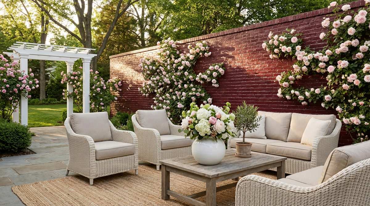 A deep oxblood brick wall painted with high-gloss exterior paint creates a dramatic backdrop for pale pink climbing roses in a spring outdoor decor setting. The rich tone contrasts beautifully with lighter furniture and floral arrangements, catching afternoon light in reflective sweeps.