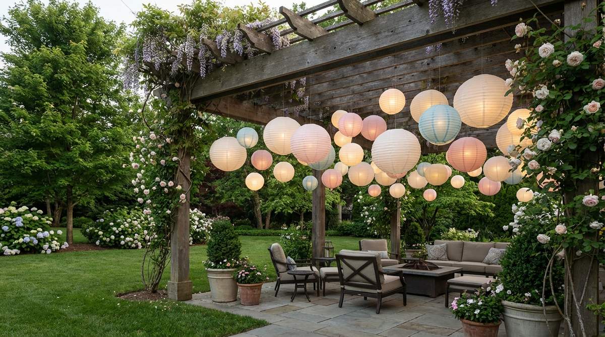 White and pastel collapsible paper lanterns suspended at multiple levels under a pergola, creating soft diffused lighting for garden weddings and parties. The lightweight lanterns are hung with fishing line for an ethereal floating effect, easily removable for weather protection and flat storage.