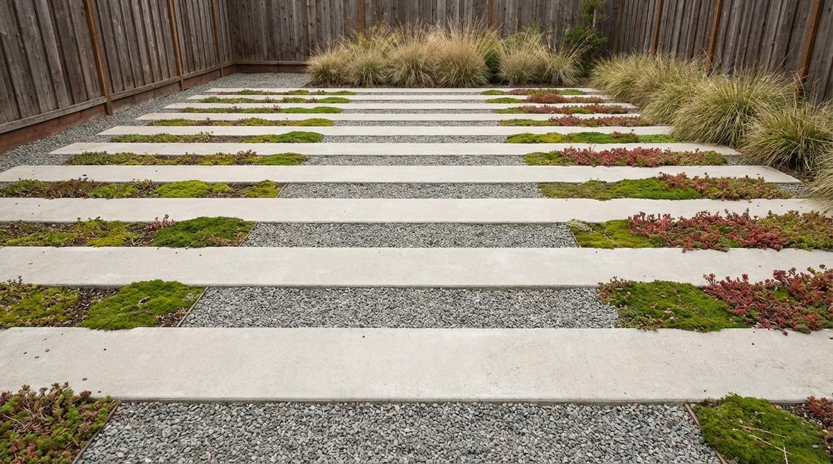 A minimalist modern zen garden featuring parallel concrete ribbons, each 18 inches wide with 12-inch gravel channels in between, extending across the garden to direct movement and enhance perspective. Low moss or sedum plants add subtle color variation, emphasizing the garden's linear geometry and minimalist design.