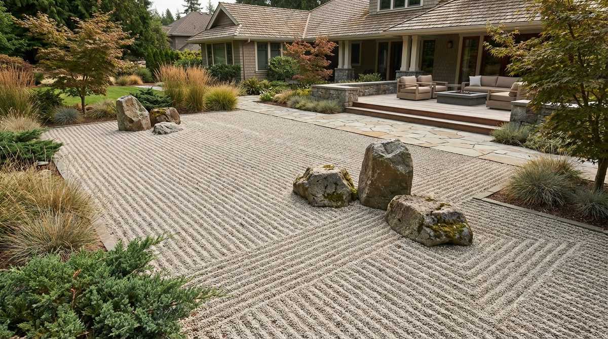 A zen garden scene showing straight parallel lines drawn in gravel to represent calm water or ocean views, with precise spacing and right-angle intersections near stone groupings to create visual interest through pattern disruption.