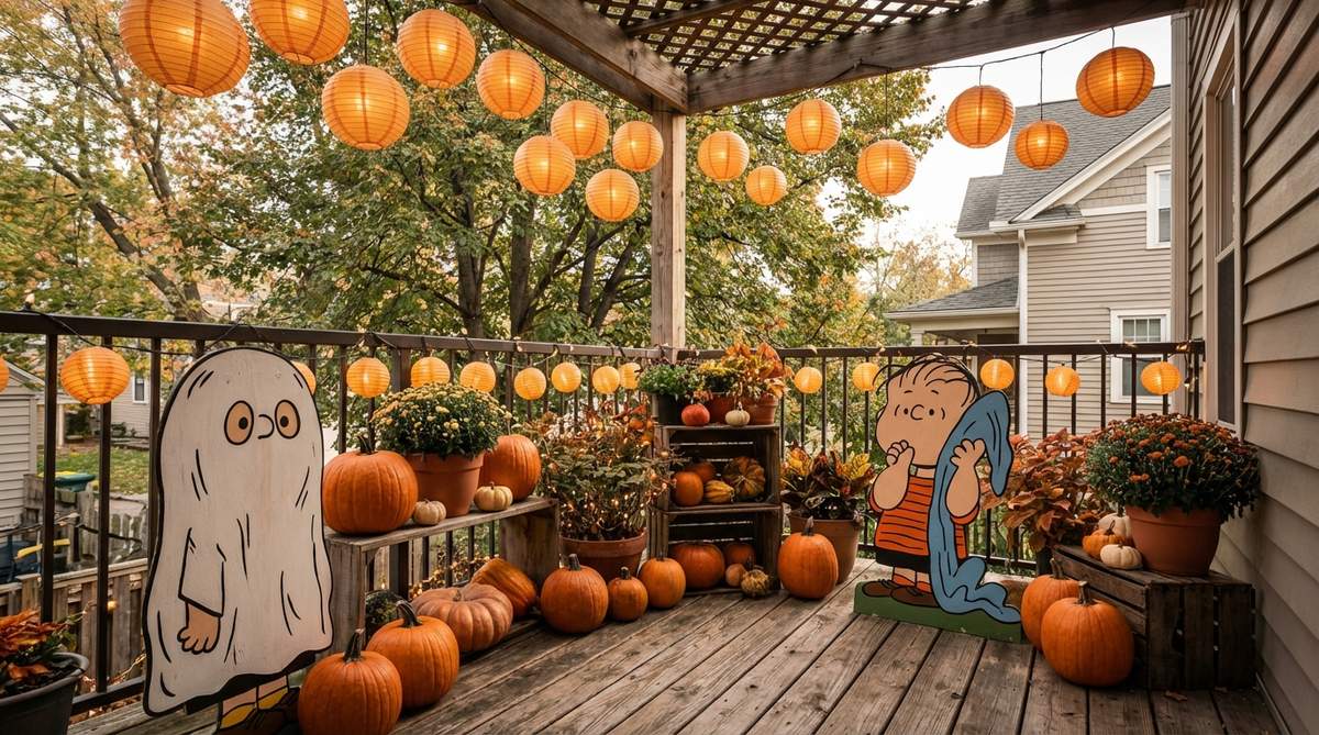 A Halloween balcony decor scene inspired by the Peanuts Great Pumpkin, featuring hand-painted plywood cutouts of Charlie Brown and Linus surrounded by small pumpkins and orange paper lanterns, with a warm color palette suitable for all ages.