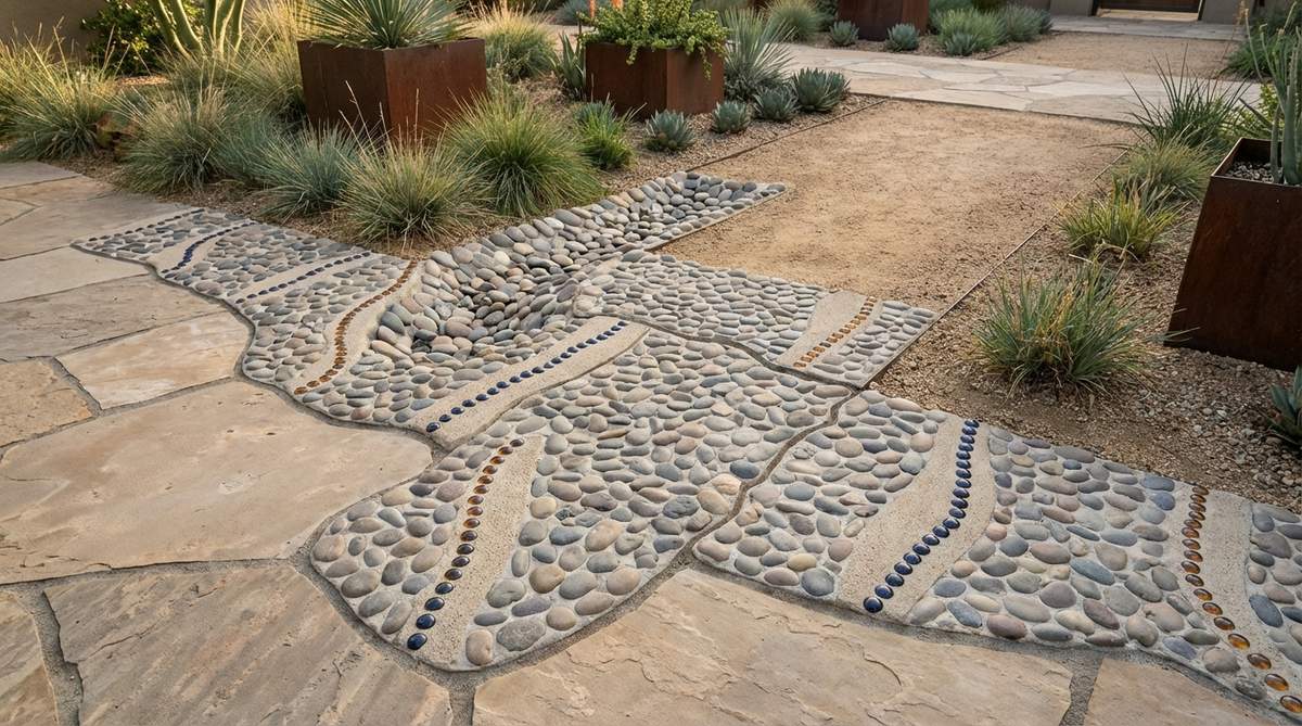 A close-up view of decorative pebble mosaic accent panels in a mid-century modern garden, showing river rocks set in concrete with dark glass beads embedded in sandblasted concrete. The mosaic creates textural transitions between pavement types and serves as elegant edging strips, runnels, or decorative insets, following the design principle of limiting to 10-15% of total hardscape for visual restraint.