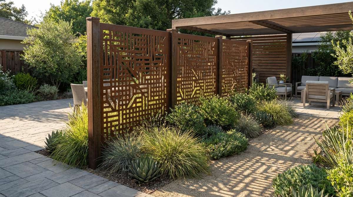 A modern garden featuring a perforated metal screen divider made of laser-cut steel, showcasing custom geometric patterns that cast dynamic shadows across planted areas. The screen, standing 36-72 inches tall, is mounted to posts and finished in Corten or powder-coated options, serving as a vertical divider to separate garden rooms or create privacy while maintaining visual flow.