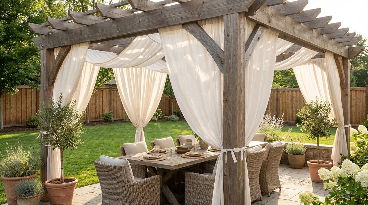 A pergola decorated with flowing linen or sheer curtain panels draped through the beams, creating a Mediterranean-inspired canopy for outdoor party decor. The neutral-toned fabric softens sunlight while maintaining air circulation, secured with removable rings or ties for easy maintenance.