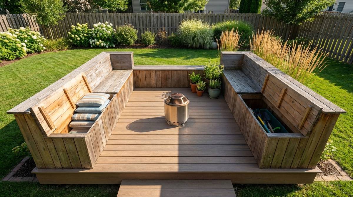 A small garden deck with continuous perimeter bench seating along the edges, providing ample seating while keeping the central area open. The benches are built at 16-18 inches high, doubling as safety railings on this raised deck. The bench frames are integrated with the deck joists for structural stability, and hinged lids reveal storage compartments for cushions and garden tools. The open center of the deck allows for easy circulation or space for a central feature like a fire pit.