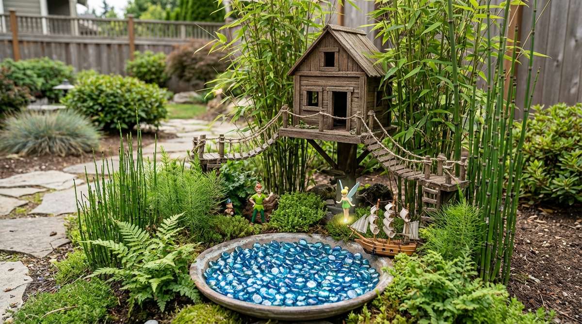 A miniature garden featuring a treehouse structure perched among bamboo or horsetail plants, with a small pond made from a shallow dish filled with blue glass gems. Includes miniature Peter Pan, Tinkerbell, and pirate ship accessories. The treehouse is elevated on hidden supports to create the illusion of being nestled in tree branches, with vertical plant growth and water feature adding dimensional complexity to the design.